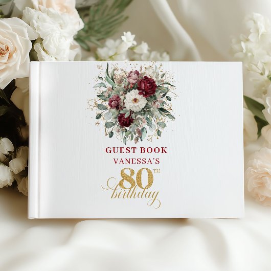ボヘミアン風深紅の花の80歳の誕生日ゲストブック ゲストブック