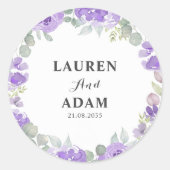 ボヘミアン風紫の花のカップル名入り結婚式 ラウンドシール (正面)
