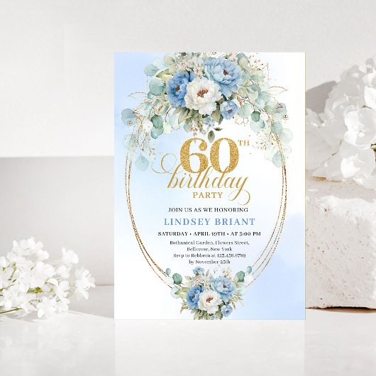 ボヘミアン風 ブルーとゴールドの芍薬 フラワーモダン 60歳の誕生日 招待状