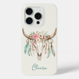 ボヘミアン風 水彩 花柄 牛の頭蓋骨 iPhone 15 PROケース