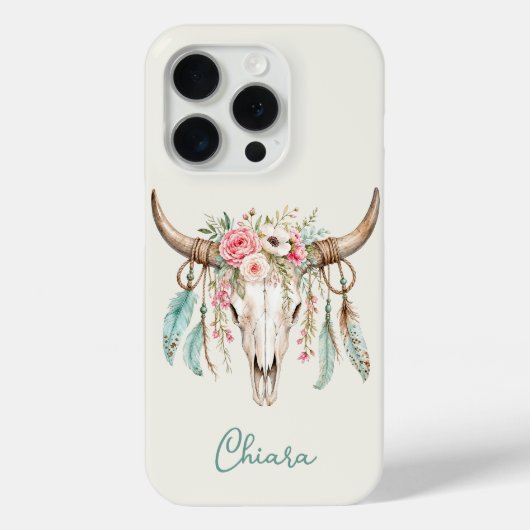 ボヘミアン風 水彩 花柄 牛の頭蓋骨 Case-Mate iPhoneケース (裏面)