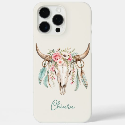 ボヘミアン風 水彩 花柄 牛の頭蓋骨 Case-Mate iPhoneケース (裏面)
