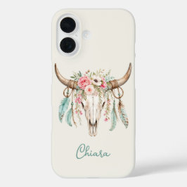 ボヘミアン風 水彩 花柄 牛の頭蓋骨 iPhone 16ケース