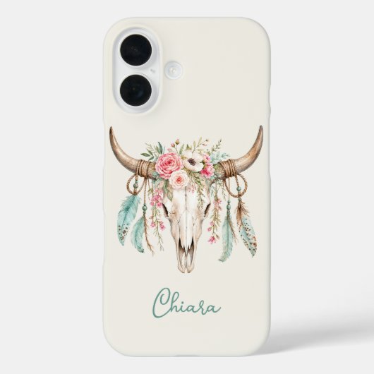 ボヘミアン風 水彩 花柄 牛の頭蓋骨 Case-Mate iPhoneケース (裏面)