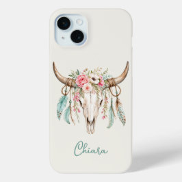 ボヘミアン風 水彩 花柄 牛の頭蓋骨 iPhone 15 MINIケース