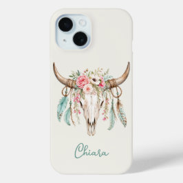 ボヘミアン風 水彩 花柄 牛の頭蓋骨 iPhone 15ケース