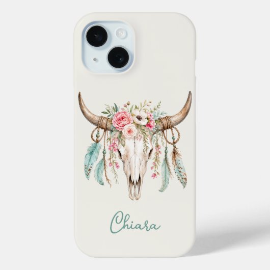 ボヘミアン風 水彩 花柄 牛の頭蓋骨 Case-Mate iPhoneケース (裏面)