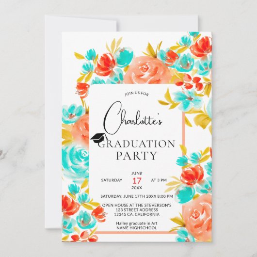 ボヘミアン鮮やかなオレンジ色の青いフローラ卒業 招待状 (正面)