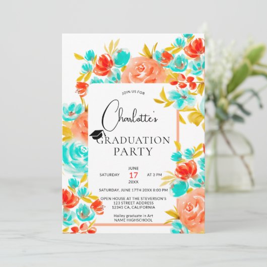 ボヘミアン鮮やかなオレンジ色の青いフローラ卒業 招待状 (スタンド正面)