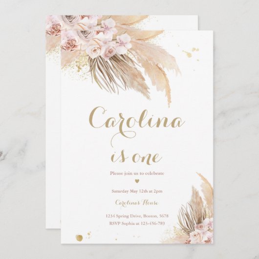 ボヘミアン1歳の誕生日パーティーボホパンパスグラス 招待状 (正面/裏面)