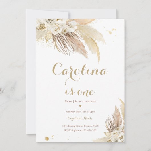 ボヘミアン1歳の誕生日パーティーボホパンパスグラスinv 招待状 (正面)