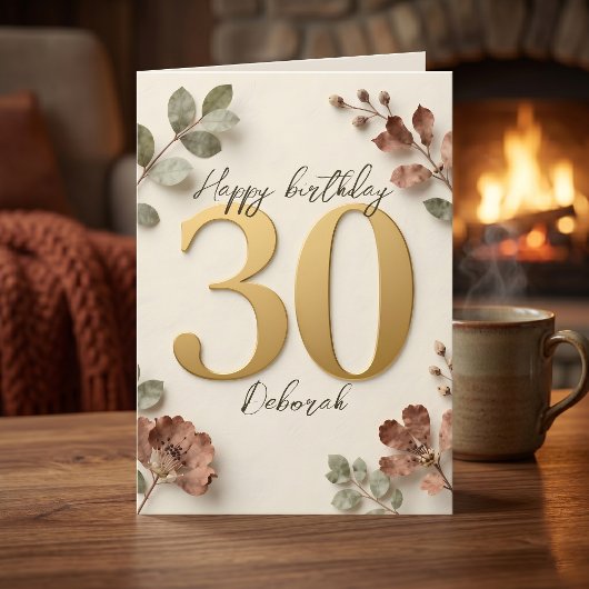 ボヘミアン・アースカラーフラワー ゴールド 30歳の誕生日 カード