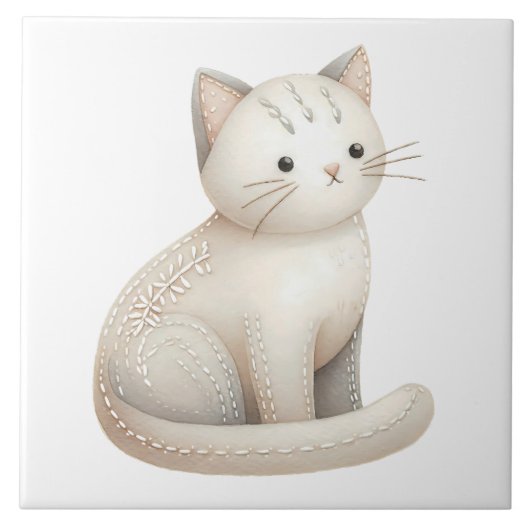 ボヘミアン・キャット・セラミックタイル 刺繍風ベージュの子猫 タイル (正面)