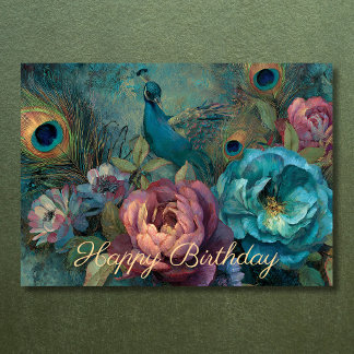 ボヘミアン・クジャクの花と羽の誕生日 カード
