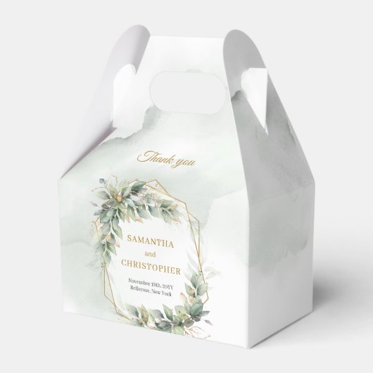 ボヘミアン・グリーン・ユーカリと金ゴールド結婚ズ フェイバーボックス (正面サイド)