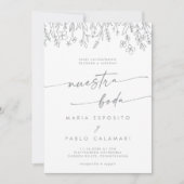 ボヘミアン グレー カリグラフィー ワイルドフラワー スペイン 結婚式 招待状 (正面)