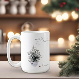 ボヘミアン・シックなウォーターカラーのクリスマスツリー 名前入り コーヒーマグカップ