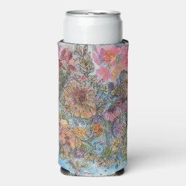 ボヘミアン・シックな花の庭 水彩画  スリム缶クーラー
