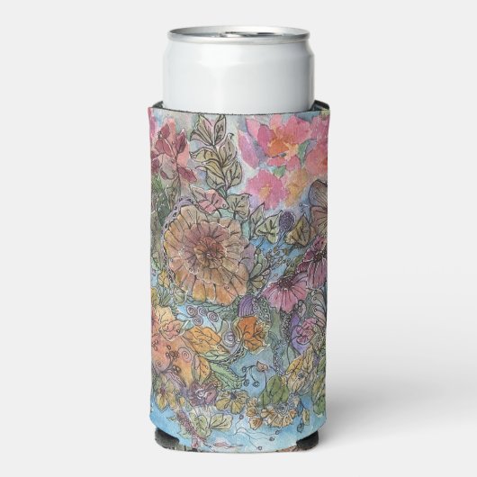 ボヘミアン・シックな花の庭 水彩画 スリム缶クーラー (Seltzer正面)