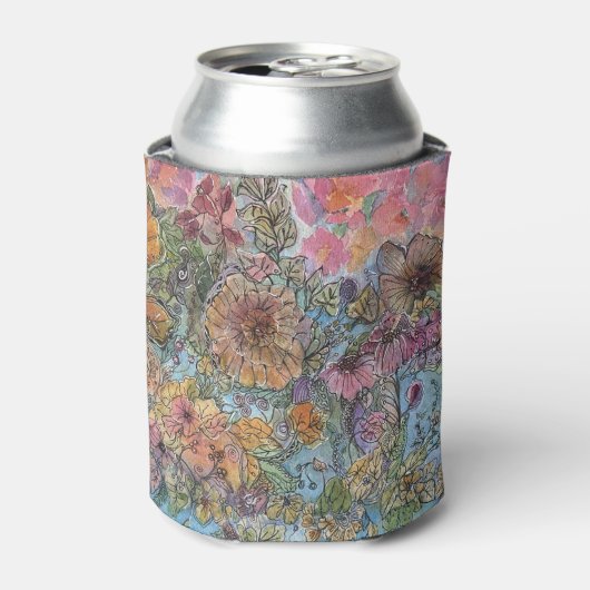 ボヘミアン・シックな花の庭 水彩画  缶クーラー (缶正面)