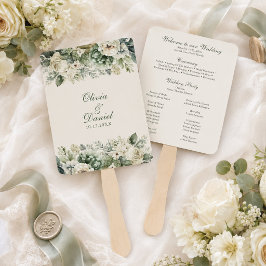 ボヘミアン・セージグリーンとアイボリーの花の結婚式プログラム ハンドファン