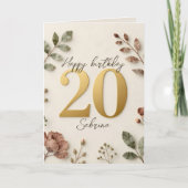 ボヘミアン ダスティローズ フラワー ゴールド 20歳の誕生日 カード (正面)