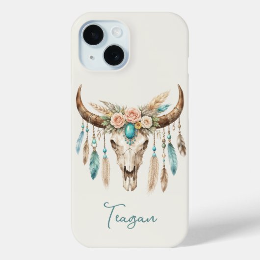 ボヘミアン チック 水彩 花柄 牛の頭蓋骨 Case-Mate iPhoneケース (裏面)