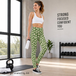 ボヘミアン・デイジー・フラワーパターン グリーン レギンス