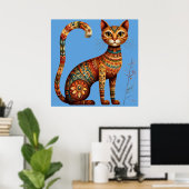 ボヘミアン+トライべイル柄の猫の花のフォークアート ポスター (ホームオフィス)