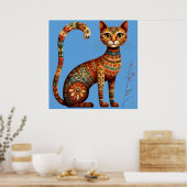 ボヘミアン+トライべイル柄の猫の花のフォークアート ポスター (キッチン)