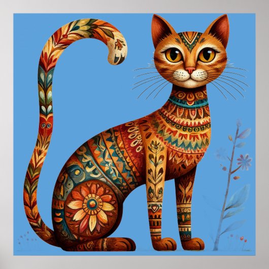 ボヘミアン+トライべイル柄の猫の花のフォークアート ポスター (正面)