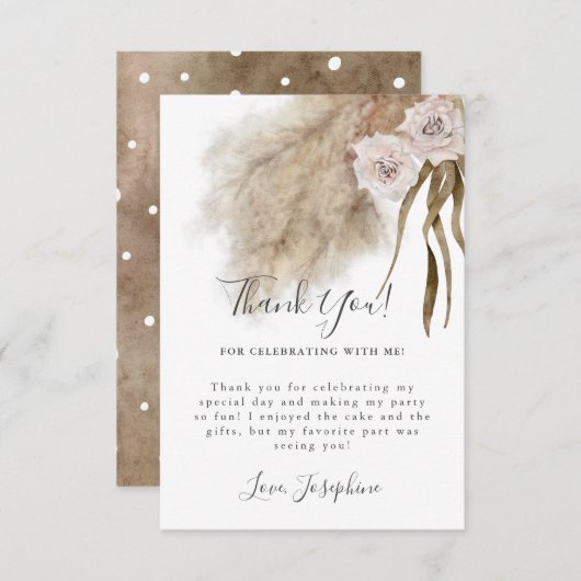 ボヘミアン・パンパス・グラス・ガールの誕生パーティー サンキューカード (正面/裏面)