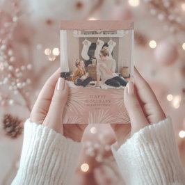 ボヘミアン ピンク&ゴールドの葉と写真のクリスマス シーズンカード