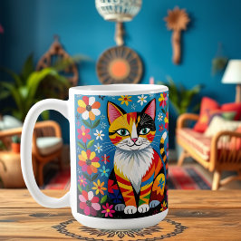 ボヘミアン フォークアートの猫、 花と蝶々 コーヒーマグカップ