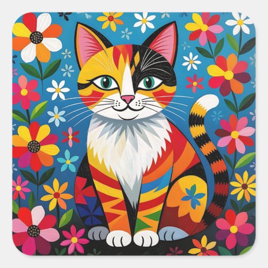 ボヘミアン フォークアートの猫、 花と蝶々 スクエアシール (正面)