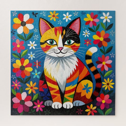ボヘミアン フォークアートの猫、花と蝶 ジグソーパズル (縦)