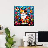ボヘミアン フォークアート 猫、花、蝶々 ポスター (ホームオフィス)