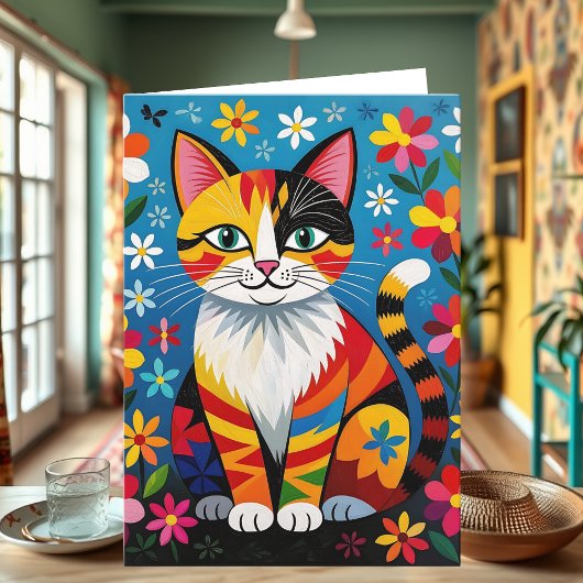 ボヘミアン フォークアート 猫、花、蝶の誕生日 カード