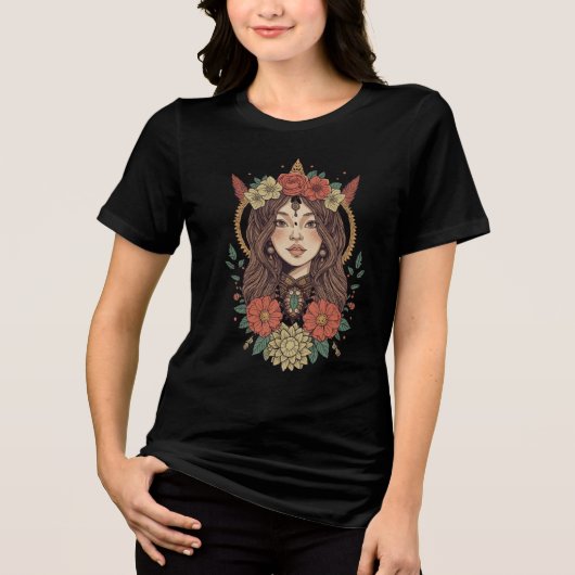 ボヘミアン フラワー ガール ブラック Tシャツ (正面)