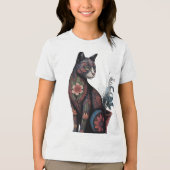 ボヘミアン フラワー キャット Tシャツ - 芸術的な植物画  (正面)