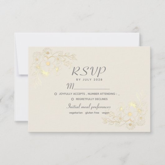 ボヘミアン フラワー ゴールド 結婚式 RSVP カード (正面)
