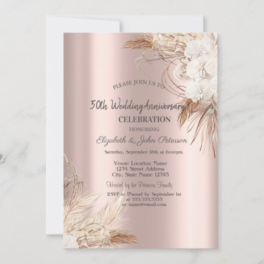 ボヘミアン フラワー ローズゴールド 結婚記念日 招待状 (正面)