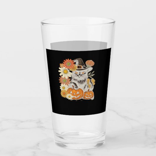 ボヘミアン フラワー 秋 黒猫 ハロウィン 半袖Tシャツ タンブラーグラス (正面)