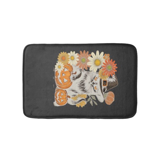 ボヘミアン フラワー 秋 黒猫 ハロウィン 半袖Tシャツ バスマット (正面)
