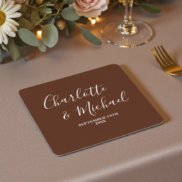 ボヘミアン ブラウン スクリプト ミニマリスト ウェディング スクエアペーパーコースター