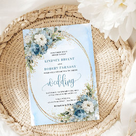 ボヘミアン ブルー フラワー ゴールド グリッター ウェディング 招待状