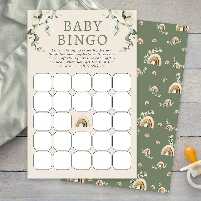 ボヘミアン ベビーシャワービンゴゲーム (Boho Sage Green Eucalyptus Rainbow Baby Shower Bingo Game by Painted Paperie
)