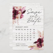 ボヘミアン・ボホ・ブルゴーニュ・レッド・カレンダー、日付を保存 招待状 (正面/裏面)