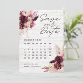 ボヘミアン・ボホ・ブルゴーニュ・レッド・カレンダー、日付を保存 招待状 (スタンド正面)