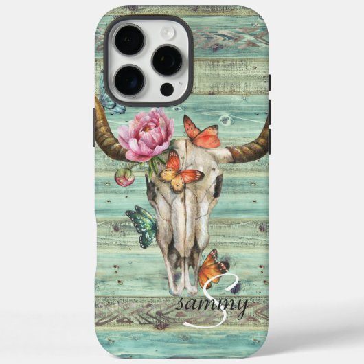 ボヘミアン・ロングホーン・スカル・フラワーモノグラム Case-Mate iPhoneケース (裏面)
